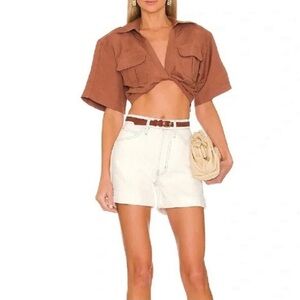 FRAME DENIM Womens Shorts High-Rise Ecru Cuffed Hem Ivory Cotton Size 32